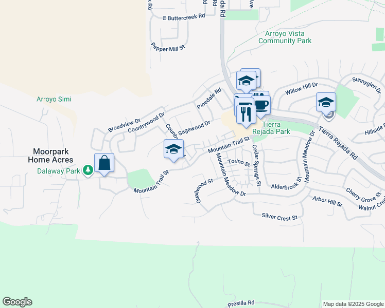 map of restaurants, bars, coffee shops, grocery stores, and more near 11544 Treeview Court in Moorpark