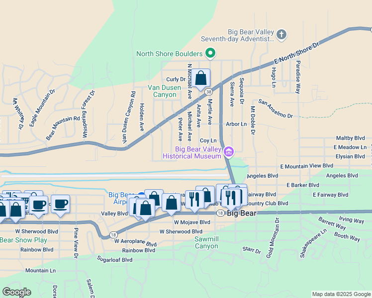 map of restaurants, bars, coffee shops, grocery stores, and more near 335 West Meadow Lane in Big Bear