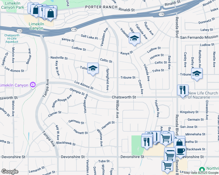 map of restaurants, bars, coffee shops, grocery stores, and more near 10734 Springfield Avenue in Los Angeles