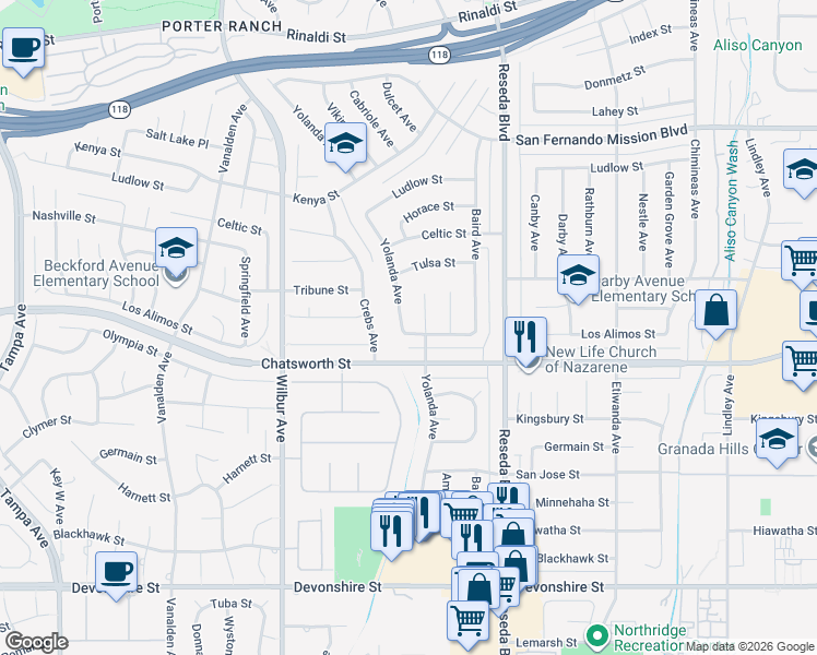 map of restaurants, bars, coffee shops, grocery stores, and more near 10730 Yolanda Avenue in Los Angeles