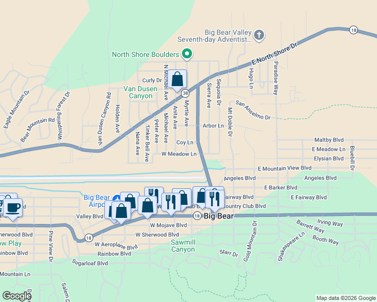 map of restaurants, bars, coffee shops, grocery stores, and more near 171 West Meadow Lane in Big Bear