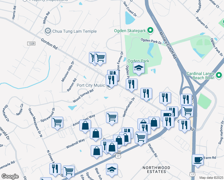 map of restaurants, bars, coffee shops, grocery stores, and more near 6620 Gordon Road in Wilmington