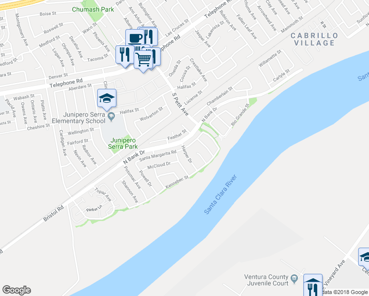 map of restaurants, bars, coffee shops, grocery stores, and more near 9301 Santa Margarita Road in Ventura