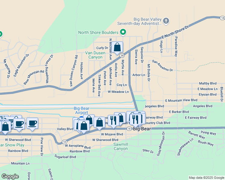 map of restaurants, bars, coffee shops, grocery stores, and more near 309 West Meadow Lane in Big Bear