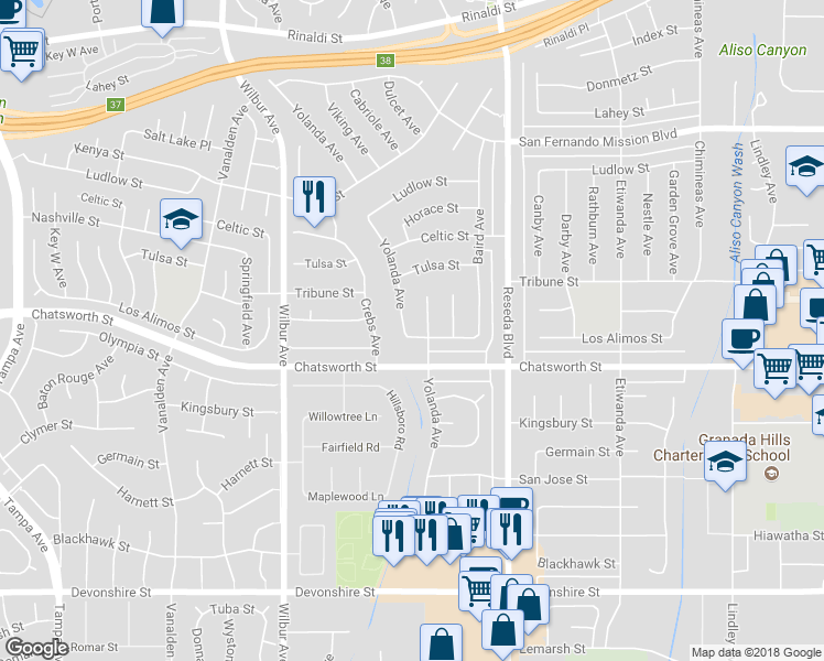 map of restaurants, bars, coffee shops, grocery stores, and more near 10730 Yolanda Avenue in Los Angeles