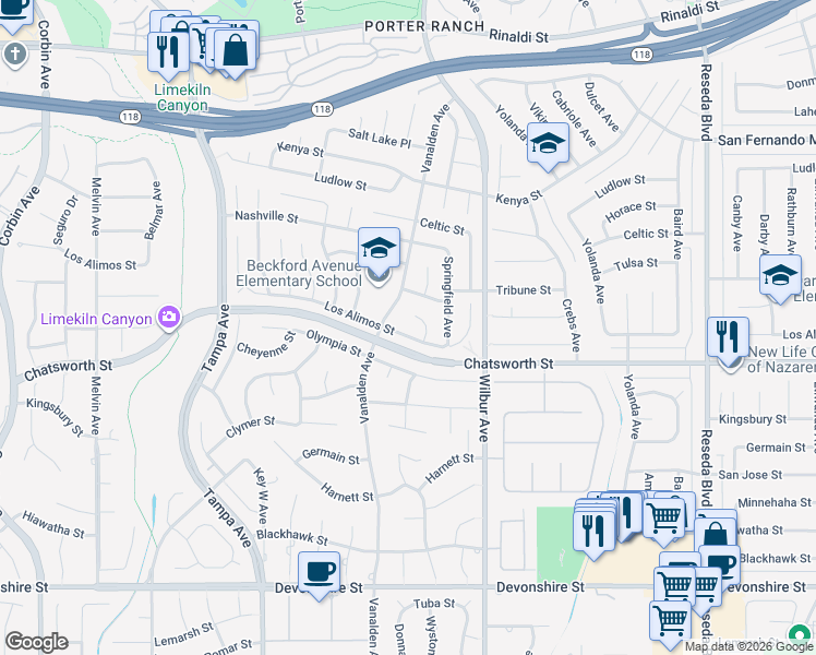map of restaurants, bars, coffee shops, grocery stores, and more near 10759 Wystone Avenue in Los Angeles
