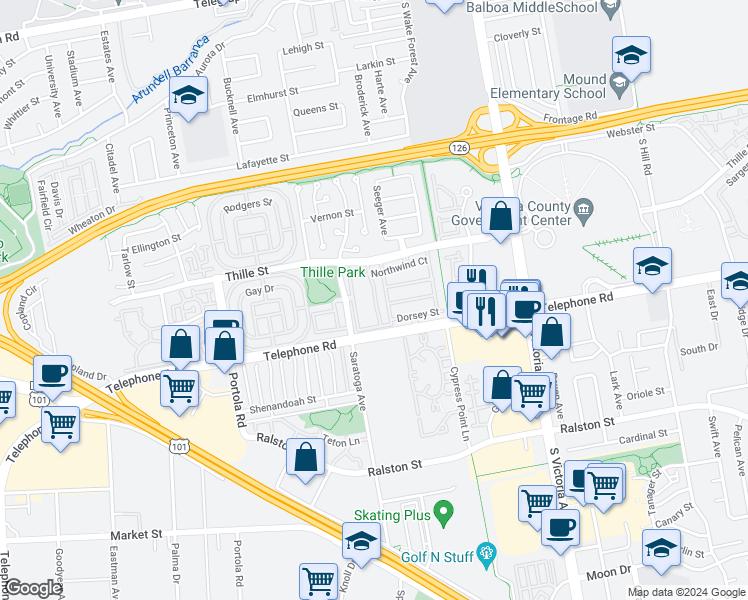 map of restaurants, bars, coffee shops, grocery stores, and more near 950 Seamist Place in Ventura