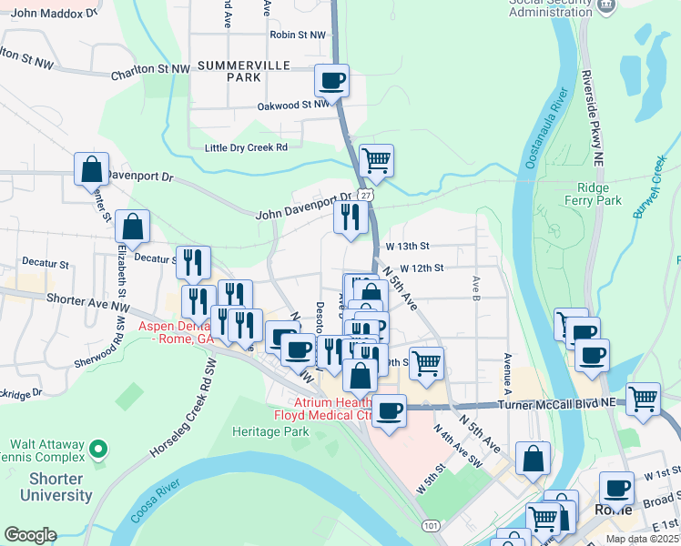 map of restaurants, bars, coffee shops, grocery stores, and more near 310 Iron Street Northwest in Rome