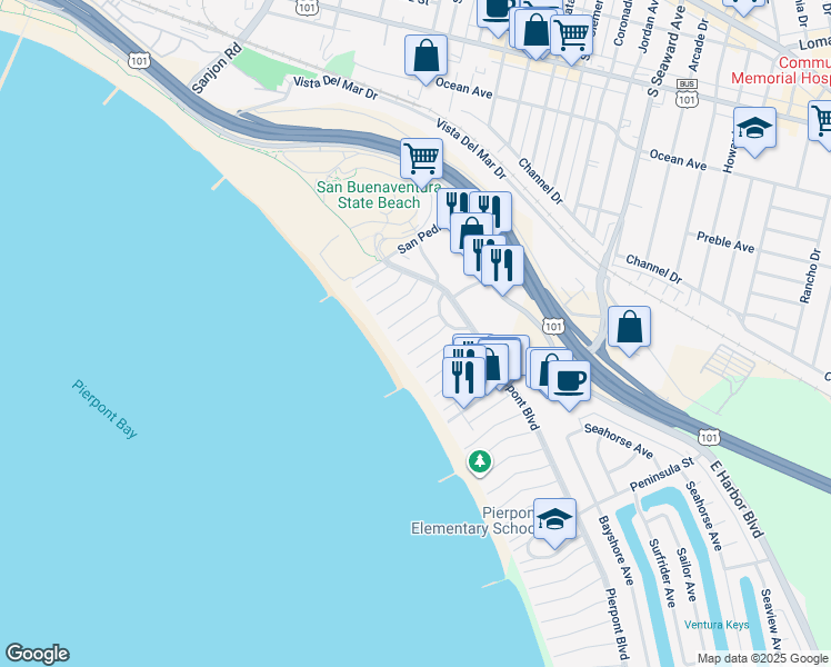 map of restaurants, bars, coffee shops, grocery stores, and more near 1054 Driftwood Lane in Ventura