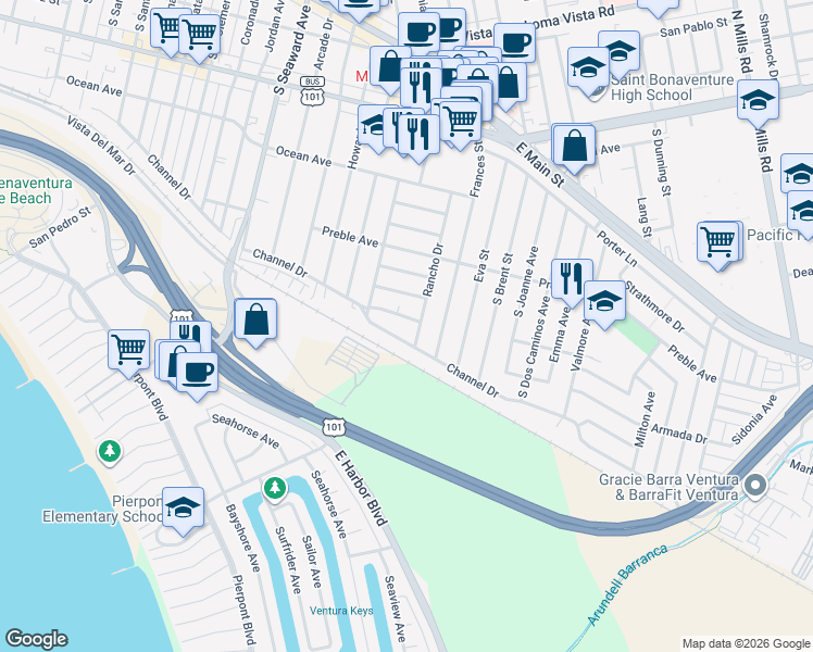 map of restaurants, bars, coffee shops, grocery stores, and more near 2742 Sereno Avenue in Ventura