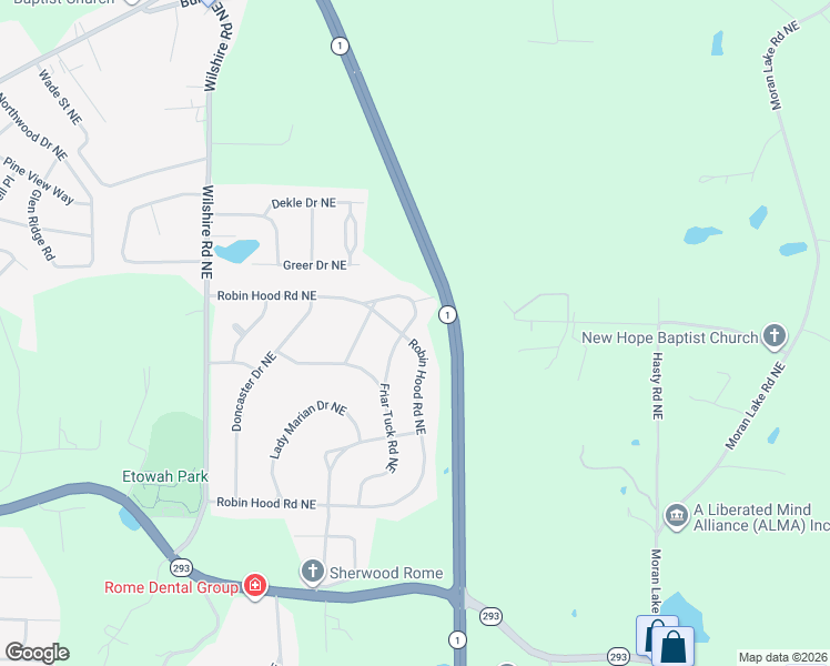 map of restaurants, bars, coffee shops, grocery stores, and more near 220 Robin Hood Road Northeast in Rome