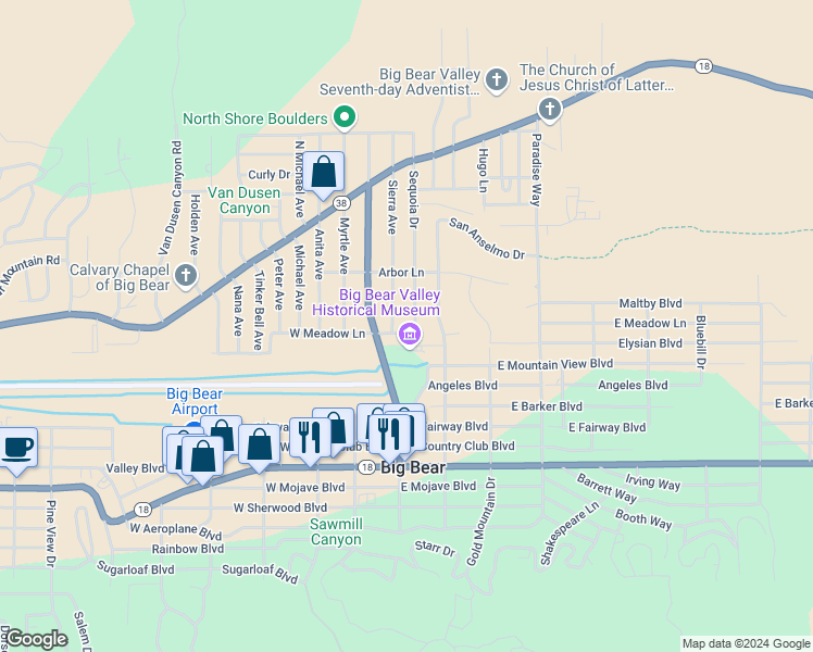 map of restaurants, bars, coffee shops, grocery stores, and more near 109 West Meadow Lane in Big Bear