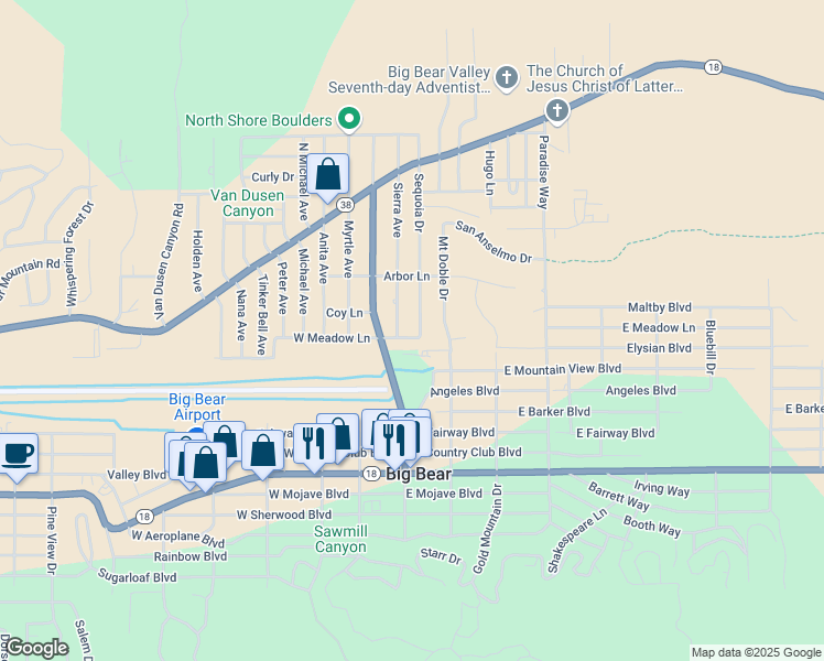 map of restaurants, bars, coffee shops, grocery stores, and more near 109 West Meadow Lane in Big Bear
