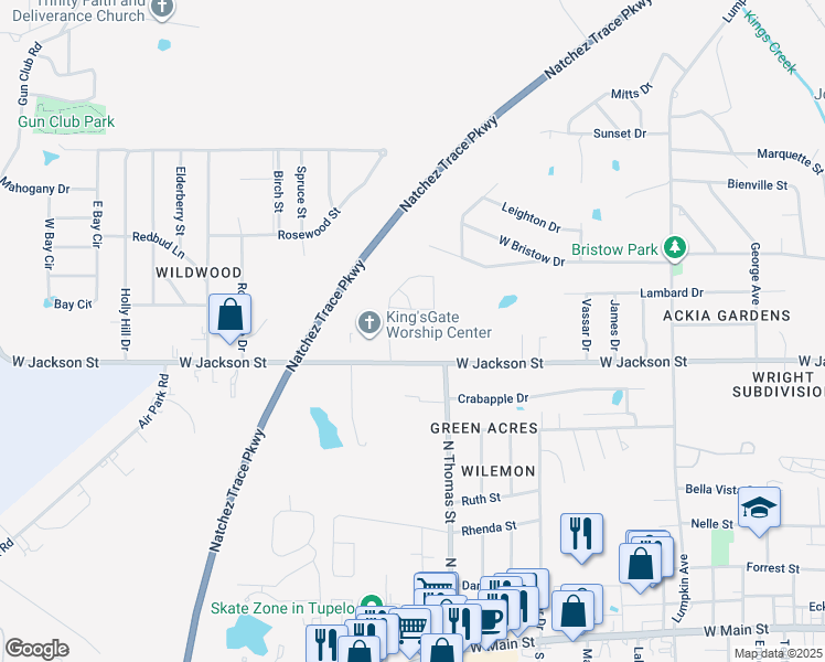 map of restaurants, bars, coffee shops, grocery stores, and more near 2496 Alpine Street in Tupelo