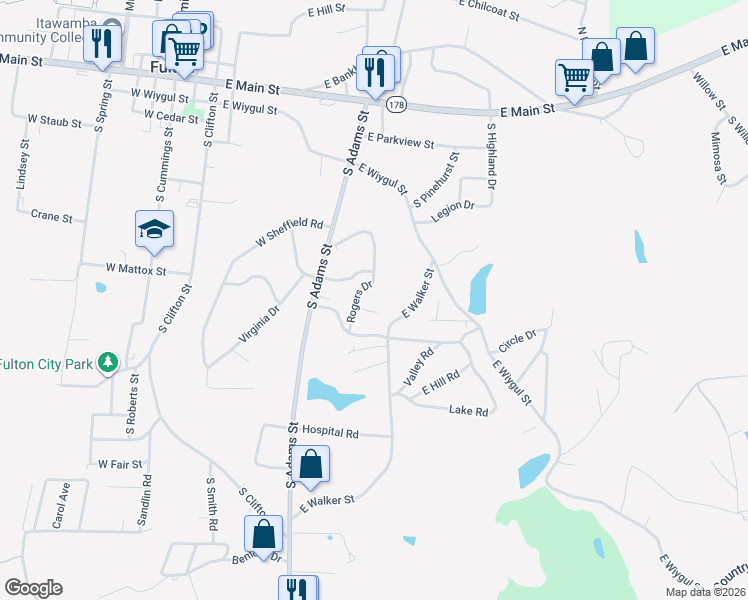 map of restaurants, bars, coffee shops, grocery stores, and more near 409 Rogers Drive in Fulton