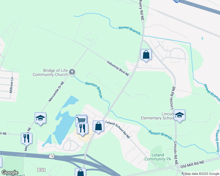 map of restaurants, bars, coffee shops, grocery stores, and more near 9160 Arden Road Northeast in Leland
