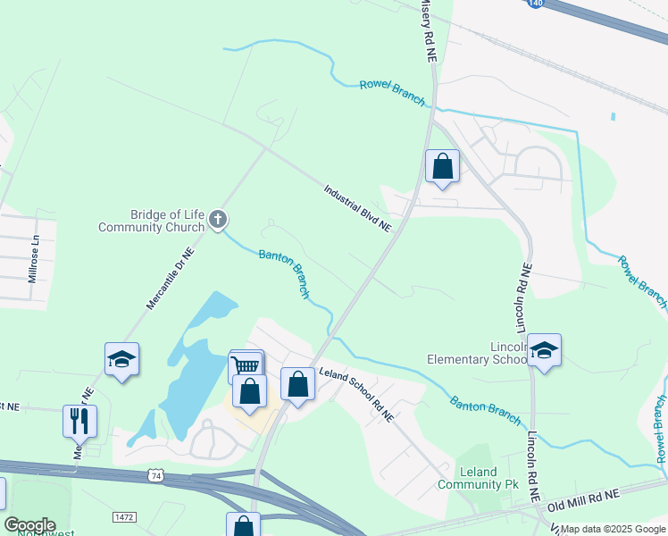 map of restaurants, bars, coffee shops, grocery stores, and more near 9160 Arden Road Northeast in Leland