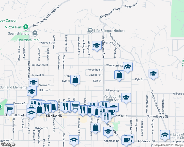 map of restaurants, bars, coffee shops, grocery stores, and more near 7863 Jayseel Street in Los Angeles