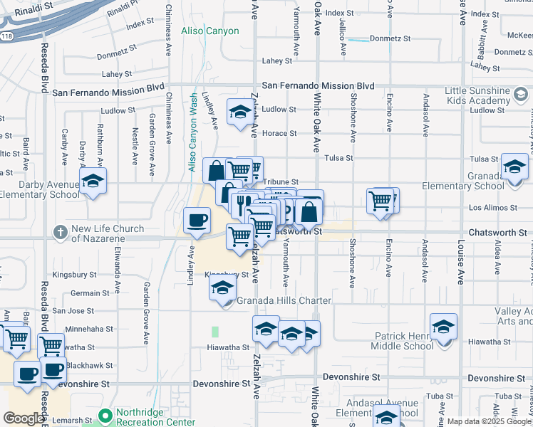 map of restaurants, bars, coffee shops, grocery stores, and more near 17832 Los Alimos Street in Los Angeles