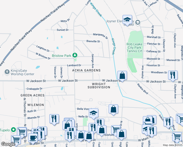 map of restaurants, bars, coffee shops, grocery stores, and more near George Ave in Tupelo