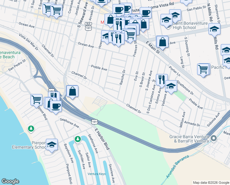 map of restaurants, bars, coffee shops, grocery stores, and more near 2742 Sereno Avenue in Ventura