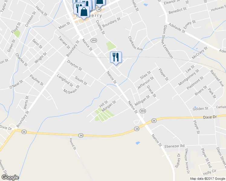 map of restaurants, bars, coffee shops, grocery stores, and more near 420 Drayton Street in Newberry
