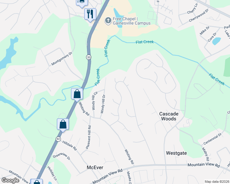map of restaurants, bars, coffee shops, grocery stores, and more near 3734 Maple Forge Lane in Gainesville