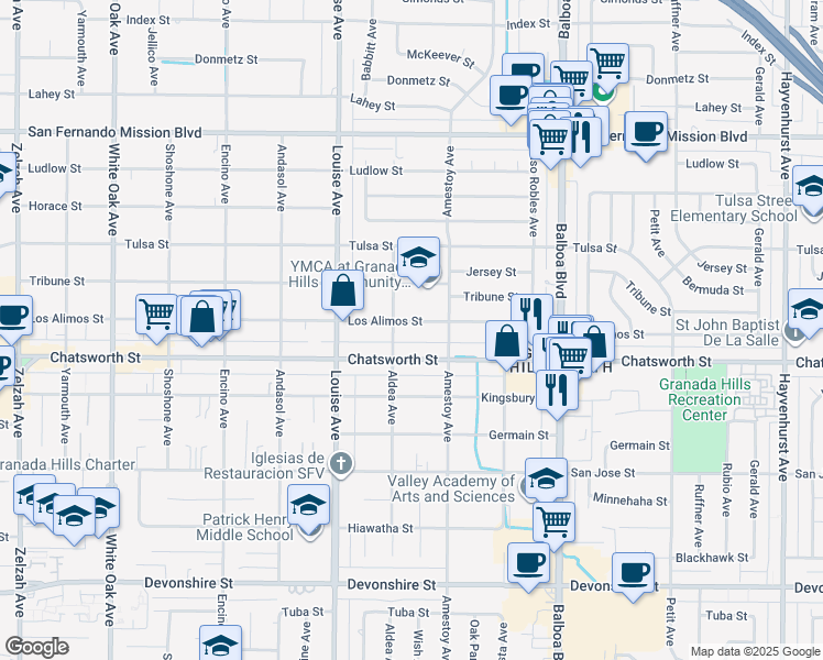 map of restaurants, bars, coffee shops, grocery stores, and more near 17180 Los Alimos Street in Los Angeles