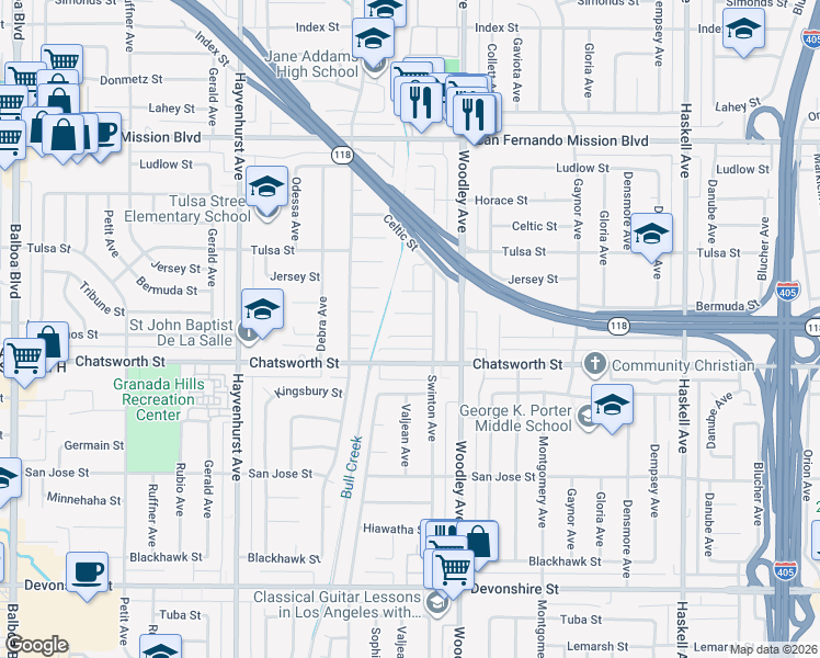 map of restaurants, bars, coffee shops, grocery stores, and more near 16257 Los Alimos Street in Los Angeles
