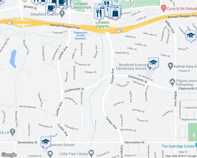 map of restaurants, bars, coffee shops, grocery stores, and more near 19501 Bermuda Street in Los Angeles