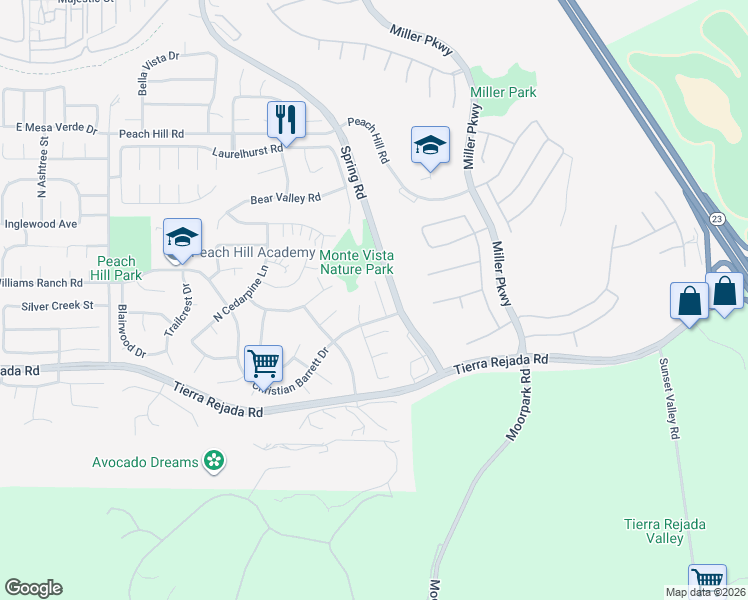 map of restaurants, bars, coffee shops, grocery stores, and more near 4129 Oakcliff Drive in Moorpark