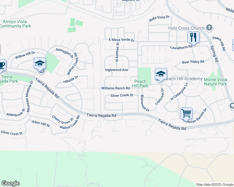 map of restaurants, bars, coffee shops, grocery stores, and more near 13005 Silver Creek Street in Moorpark
