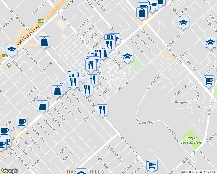 map of restaurants, bars, coffee shops, grocery stores, and more near 13045 Jouett Street in Los Angeles