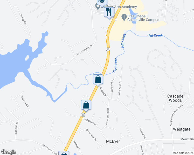 map of restaurants, bars, coffee shops, grocery stores, and more near 3560 McEver Road in Gainesville
