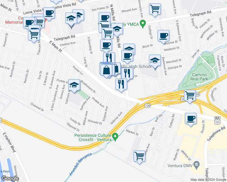 map of restaurants, bars, coffee shops, grocery stores, and more near 3375 East Main Street in Ventura