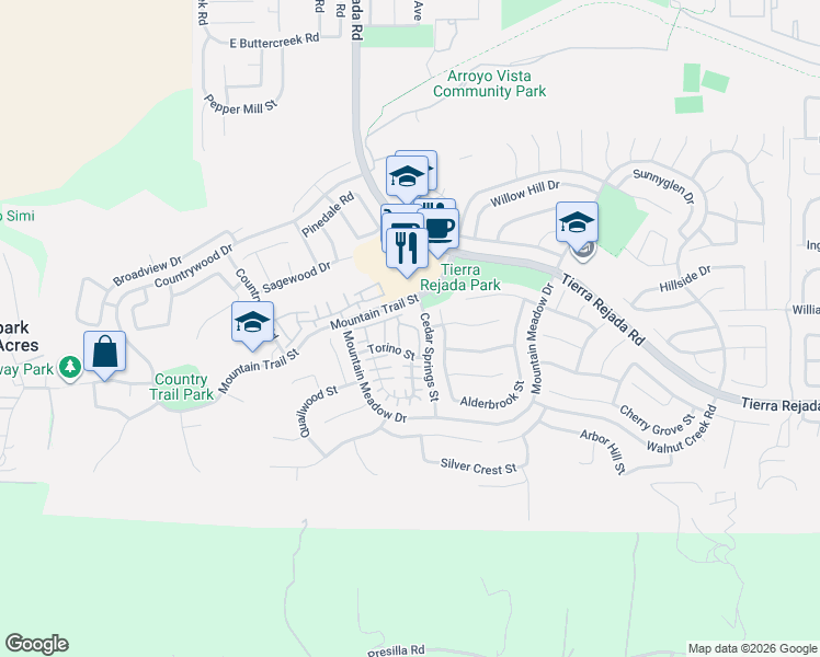 map of restaurants, bars, coffee shops, grocery stores, and more near 4067 Brindisi Place in Moorpark