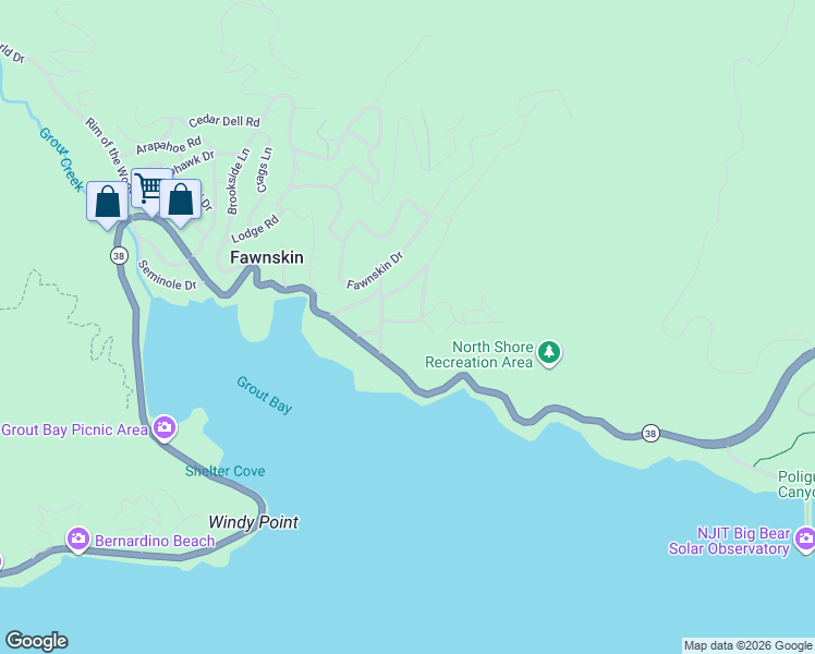 map of restaurants, bars, coffee shops, grocery stores, and more near 39651 Flicker Road in Fawnskin