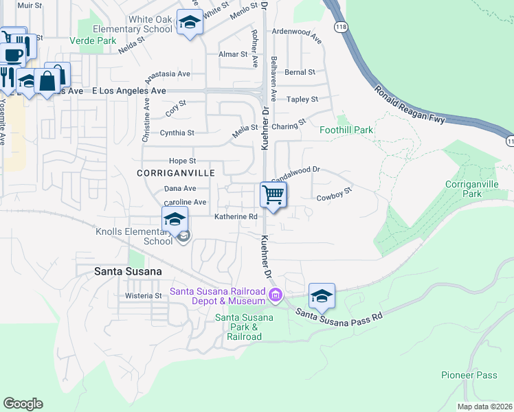 map of restaurants, bars, coffee shops, grocery stores, and more near 1501 Kuehner Drive in Simi Valley
