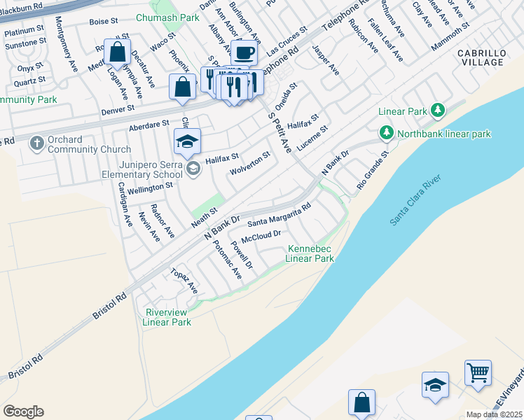 map of restaurants, bars, coffee shops, grocery stores, and more near 9086 Feather Street in Ventura