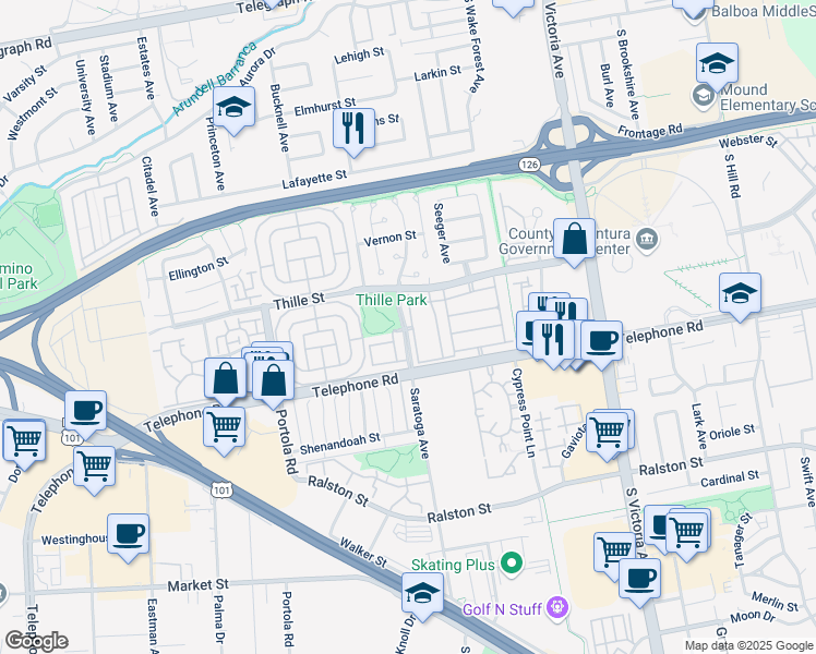 map of restaurants, bars, coffee shops, grocery stores, and more near 880 Pacific Strand Place in Ventura