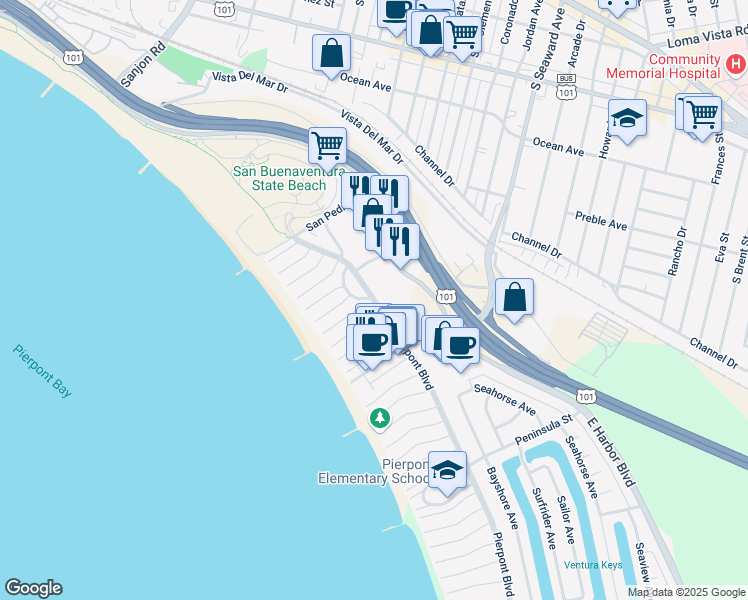 map of restaurants, bars, coffee shops, grocery stores, and more near 2178 Pierpont Boulevard in Ventura