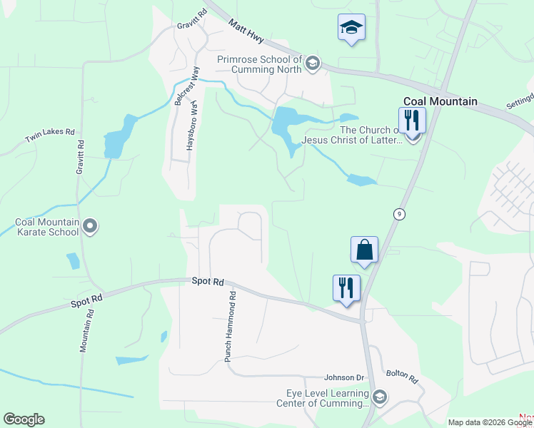 map of restaurants, bars, coffee shops, grocery stores, and more near 3335 Buffington Lane in Cumming