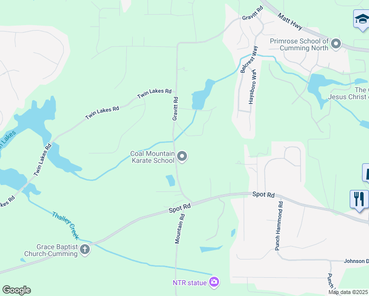 map of restaurants, bars, coffee shops, grocery stores, and more near 3550 Gravitt Road in Cumming