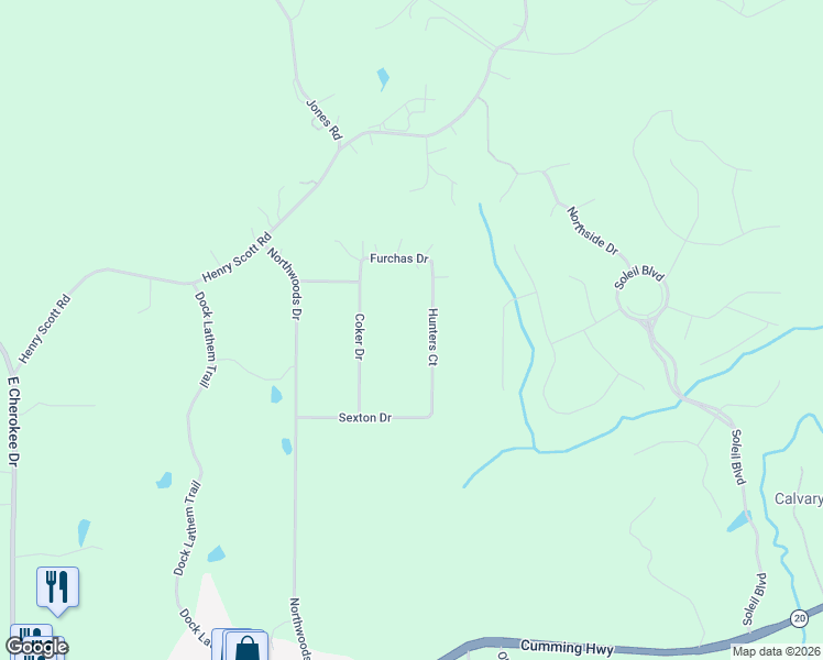 map of restaurants, bars, coffee shops, grocery stores, and more near 419 Hunters Court in Ball Ground