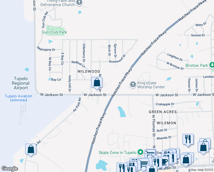 map of restaurants, bars, coffee shops, grocery stores, and more near 701-709 Tracewood Dr in Tupelo