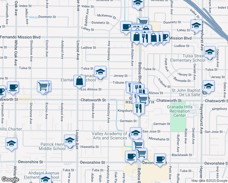 map of restaurants, bars, coffee shops, grocery stores, and more near 17114 Los Alimos Street in Los Angeles