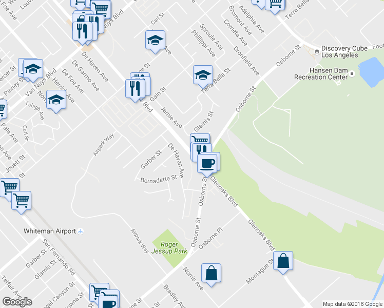 map of restaurants, bars, coffee shops, grocery stores, and more near 10778 Glenoaks Boulevard in Los Angeles