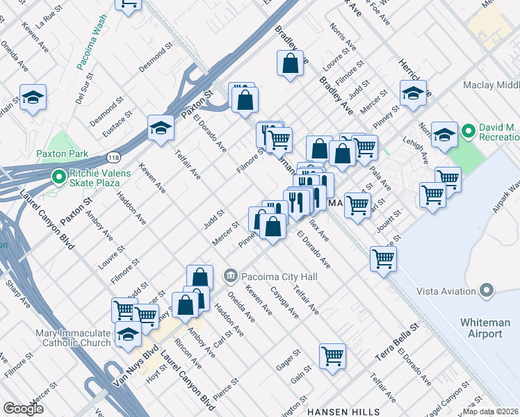 map of restaurants, bars, coffee shops, grocery stores, and more near 13438 Mercer Street in Los Angeles