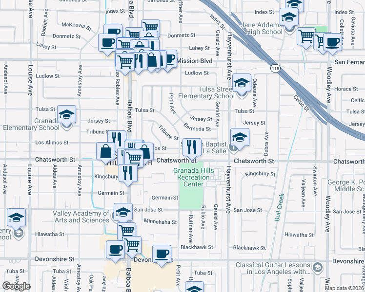 map of restaurants, bars, coffee shops, grocery stores, and more near 16757 Los Alimos Street in Los Angeles