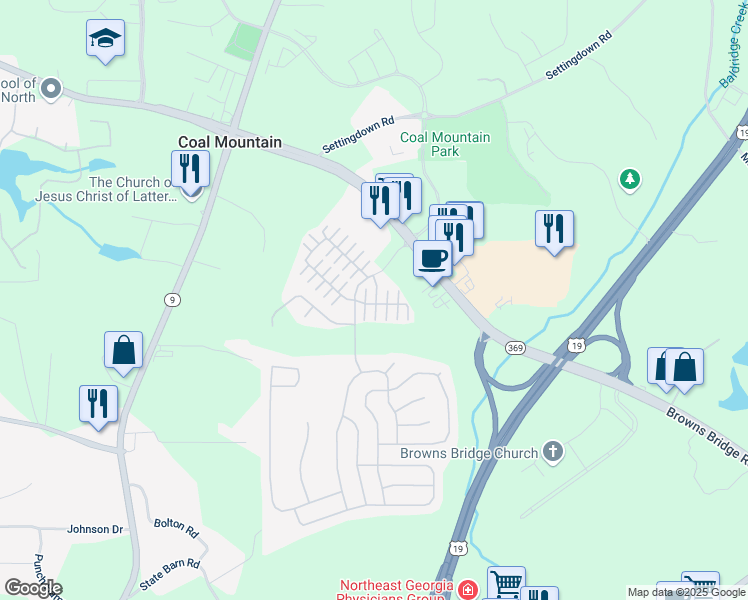 map of restaurants, bars, coffee shops, grocery stores, and more near 3632 Sydney Harbor Lane in Cumming